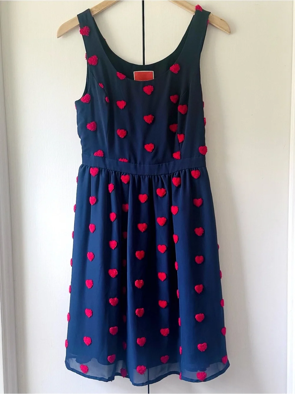 navy blue dress with red hearts Sister Jane heart embroidered mini dress in denim blue